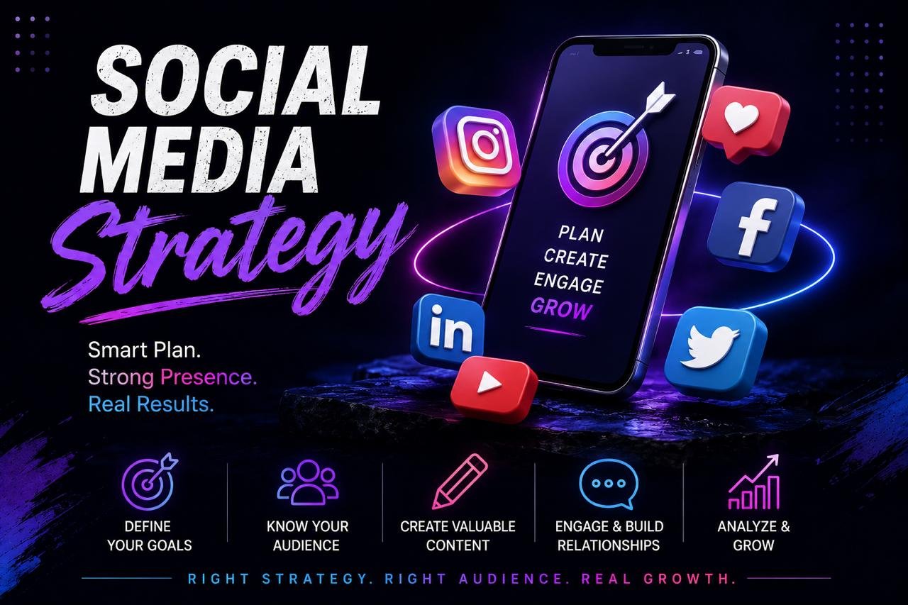 Social media strategy infographic showing seven key steps: define goals, know your audience, create valuable content, choose platforms wisely, engage and build relationships, analyze and improve, and stay consistent.